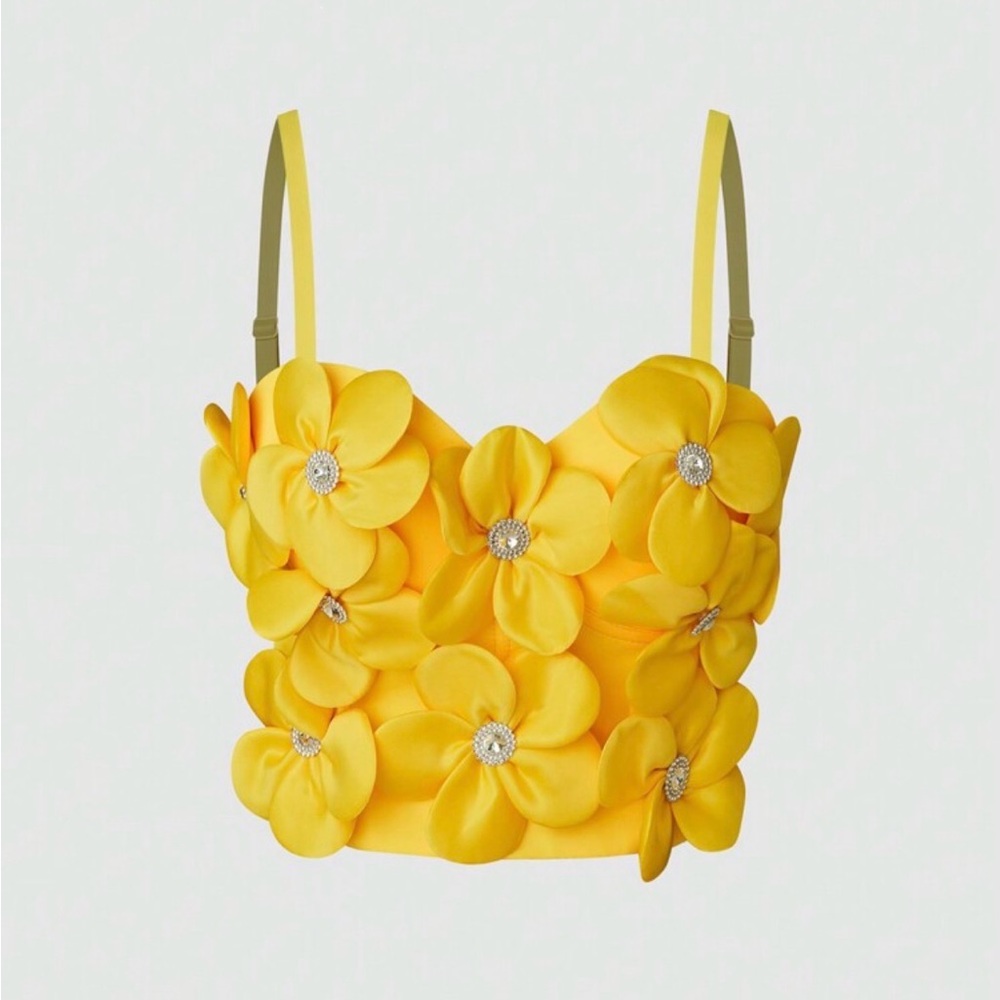 Yellow Floral Appliqué Bustier Crop Top Size M